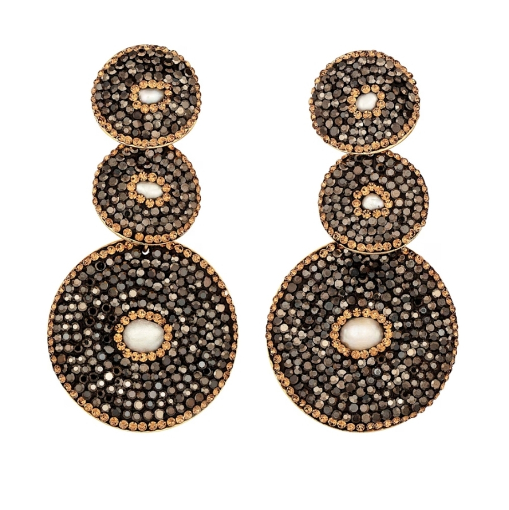 Gold-Tone Black Crystal Double Disc Drop Earrings